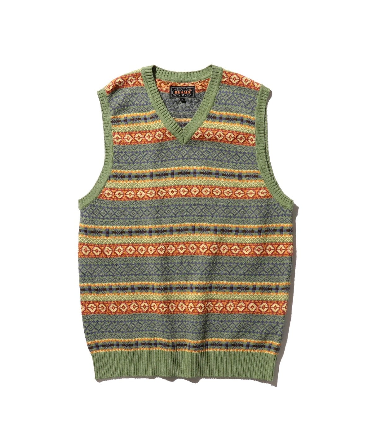 Cotton (Linen) Vest Fair Isle Pattern トップス MEN GREEN M Cotton (Linen) Vest Fair Isle Pattern トップス MEN GREEN M