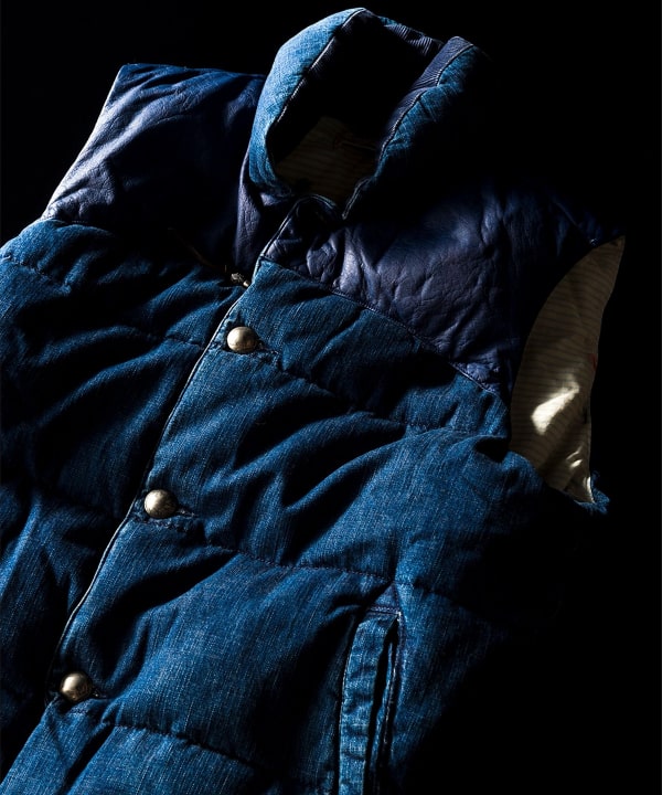 BEAMS別注 REMI RELIEF レザー切替デニムダウンベスト　XL BEAMS PLUS（ビームス プラス）【別注】REMI RELIEF / Denim