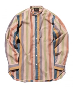 ▲BEAMS PLUS / ポリエステル コットン マルチストライプ バンドカラーシャツ クラシックフィット