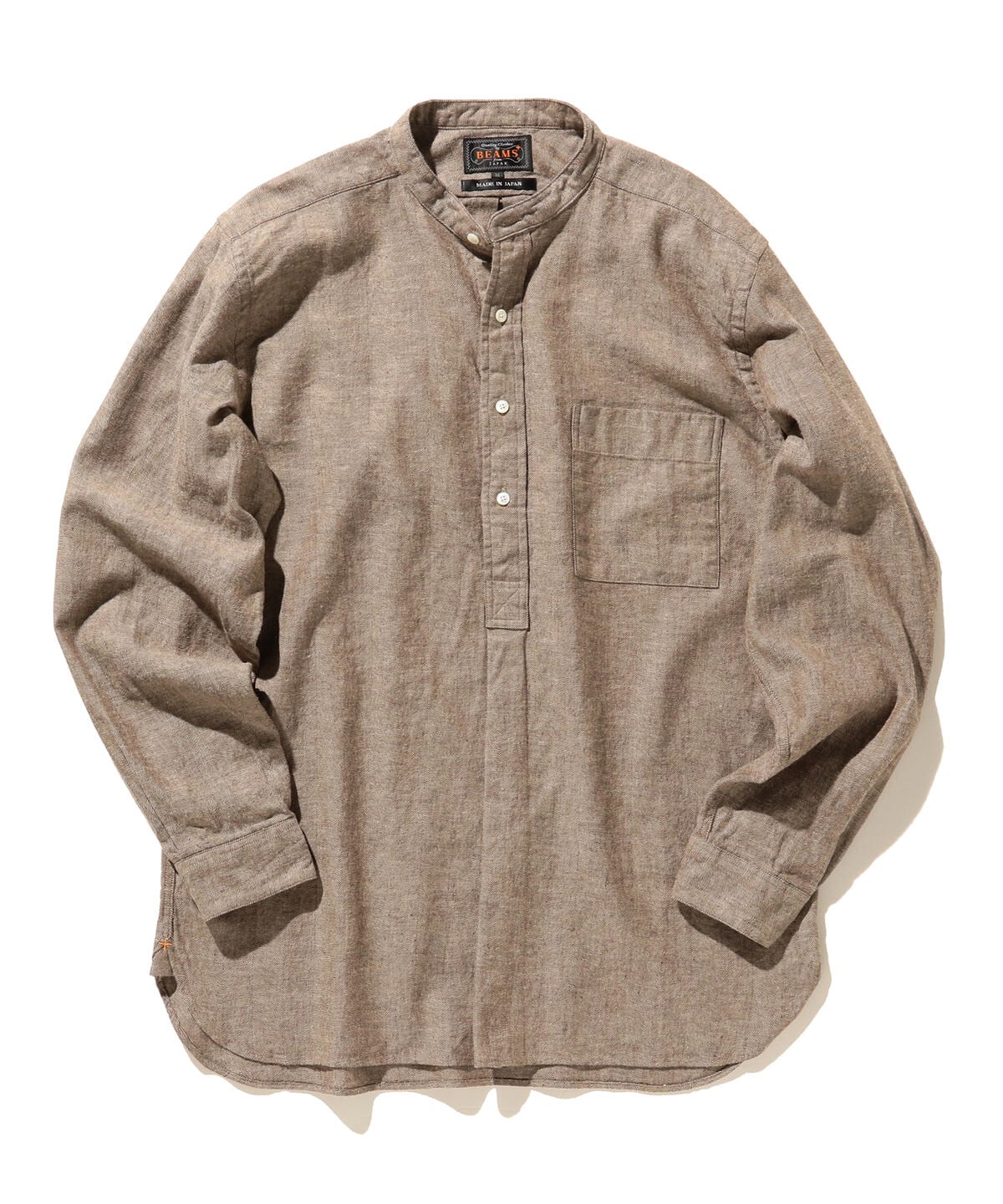 Band Collar Pullover Cotton Linen Herringbone シャツ・ブラウス MEN BROWN L Band Collar Pullover Cotton Linen Herringbone シャツ・ブラウス MEN BROWN L