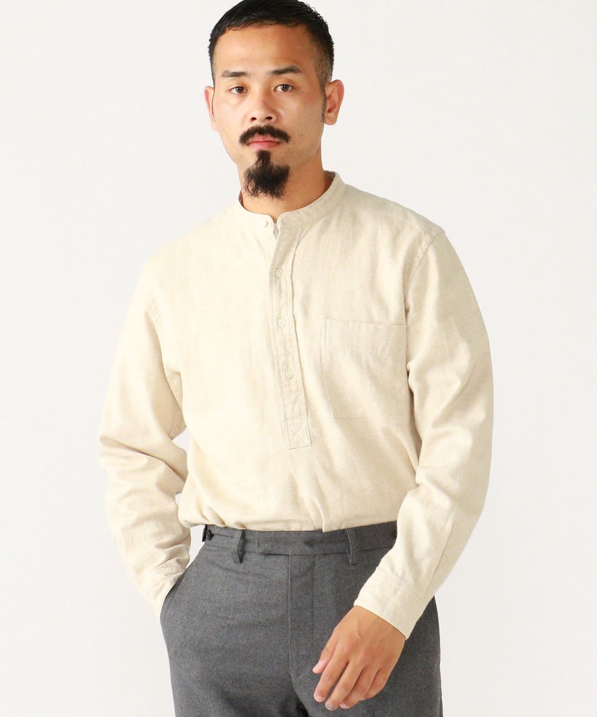 美品/L◎ビームスプラス バンドカラー プルオーバー リネン ヘリンボーンシャツ BEAMS PLUS（ビームス プラス）Band Collar Pullover Cotton Linen