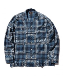 BEAMS PLUS / MIL Open Collar Indigo Plaid Discharge Print