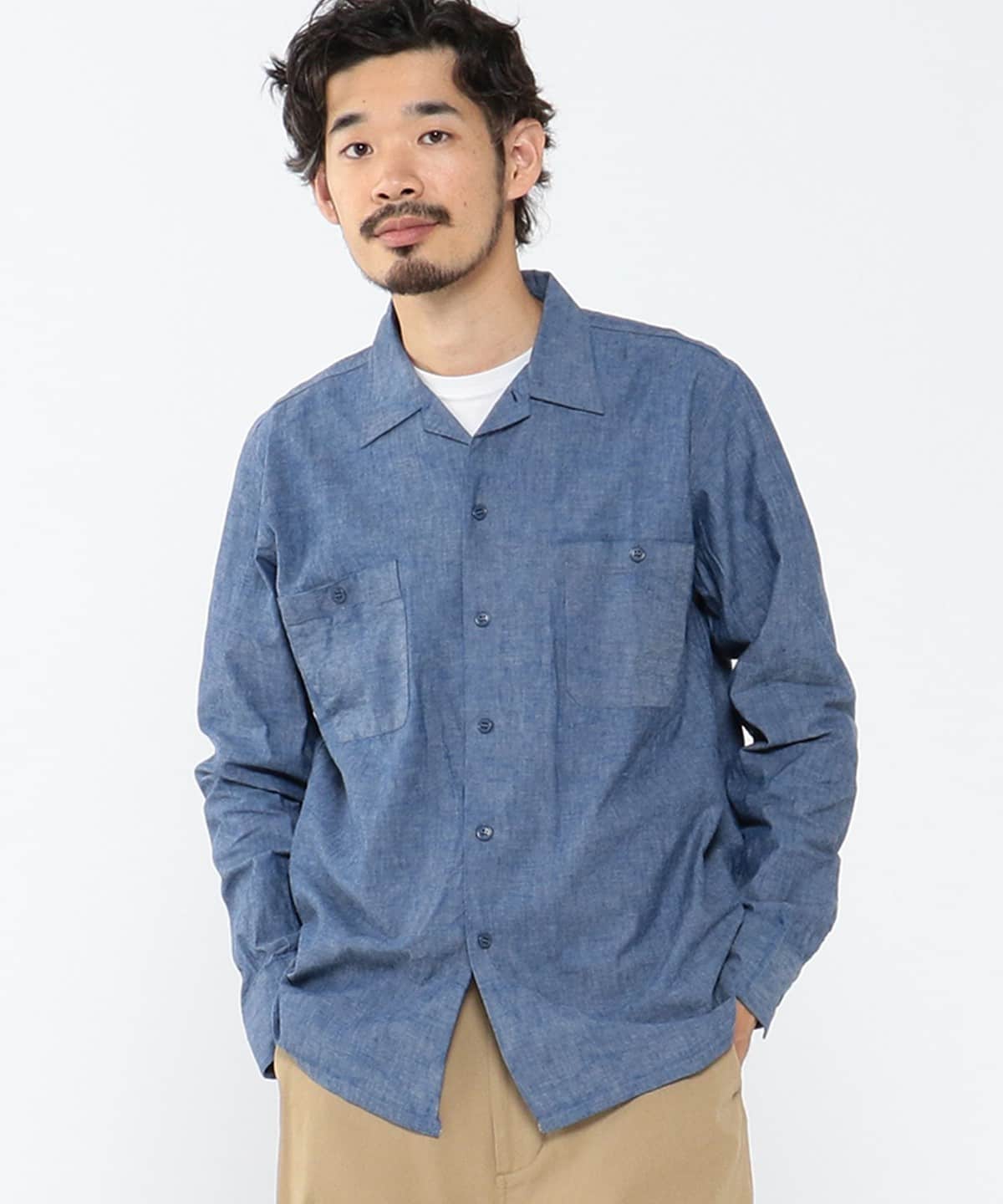 BEAMS PLUS / シャンブレー ミリタリー オープンカラーシャツ