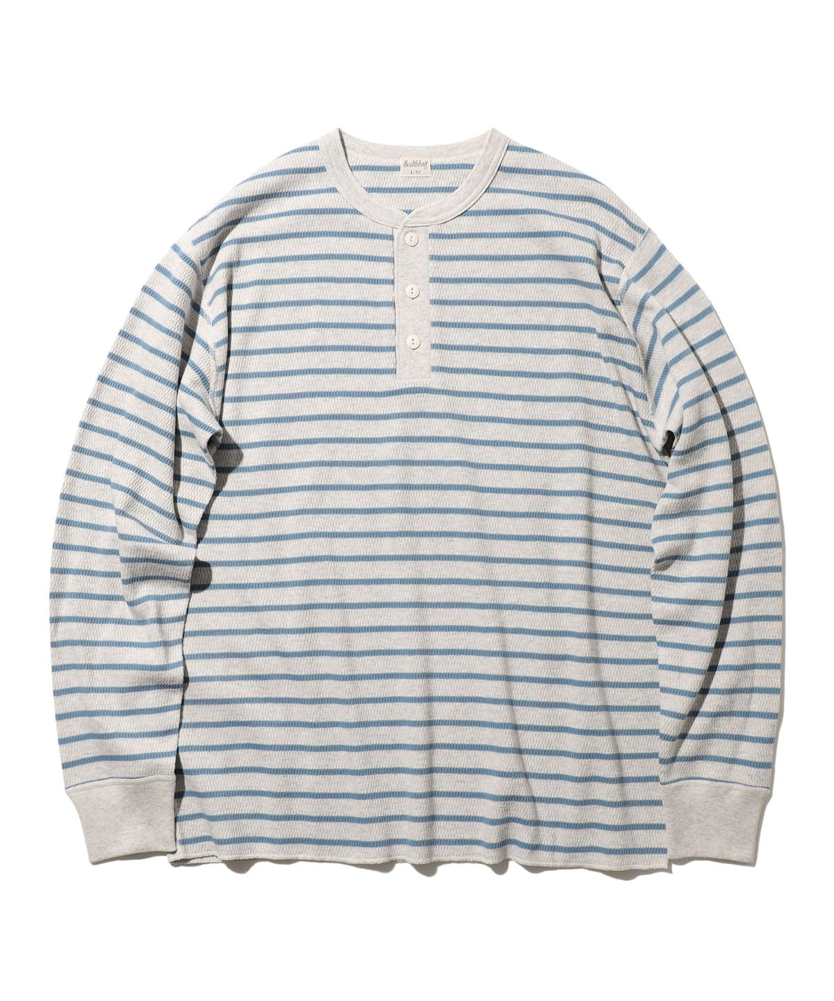 【別注】Healthknit ヘルスニット / Honeycomb Thermal Henry Neck Long Sleeve T-shirt Horizontal Stripe Tシャツ・カットソー MEN OATMEAL*FADE SAX L 【別注】Healthknit ヘルスニット / Honeycomb Thermal Henry Neck Long Sleeve T-shirt Horizontal Stripe Tシャツ・カットソー MEN OATMEAL*FADE SAX L