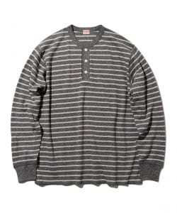 【別注】Healthknit / Honeycomb Thermal Henry Neck Long Sleeve T-shirt Horizontal Stripe