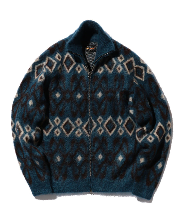 などお好きな方にBEAMS Geometric Jacquard Zip Knitモヘヤ