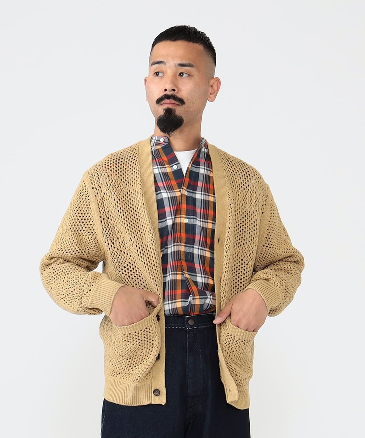 BEAMS➕　モヘアアーガイル風ビッグカーディガンXLサイズ BEAMS PLUS（ビームス プラス）Cardigan Argyle Mesh（トップス