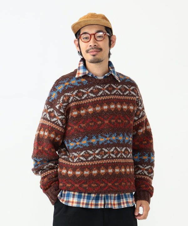 Beams Plus Crew Fair Isle Pattern 3G in Grey | REVOLVE