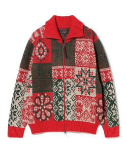 Zip Cardigan Double Jacquard Patchwork Like Pattern