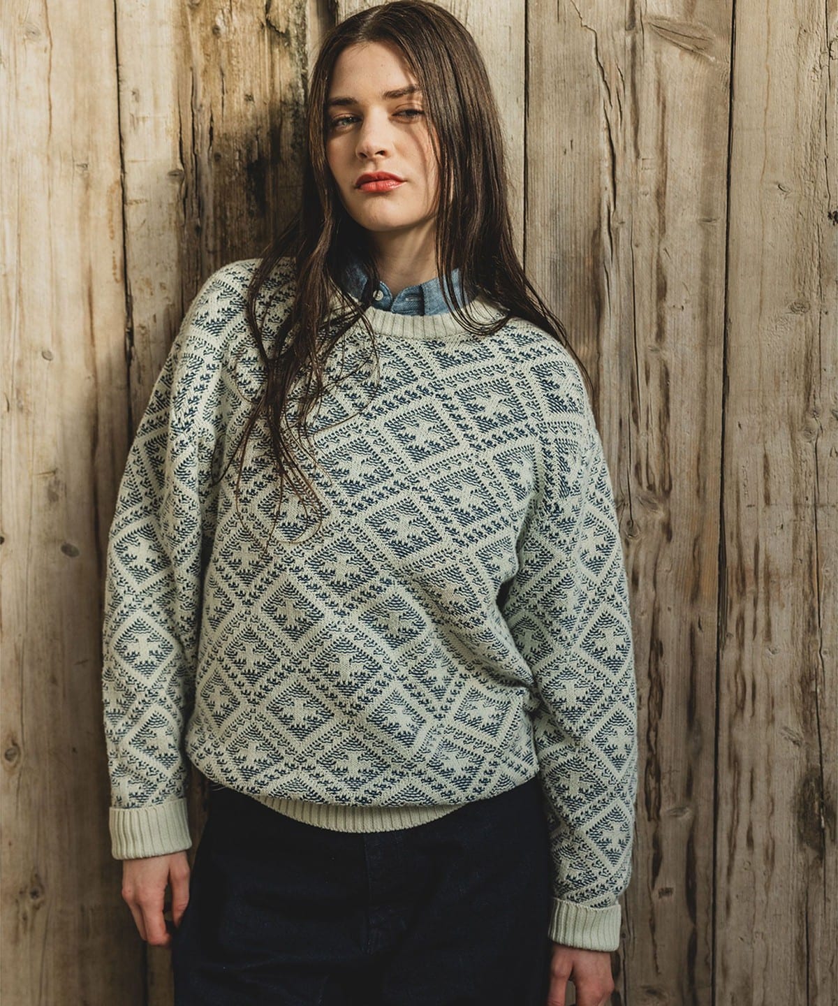 BEAMS PLUS（ビームス プラス）Crew Double Jacquard Indigo Yarn 