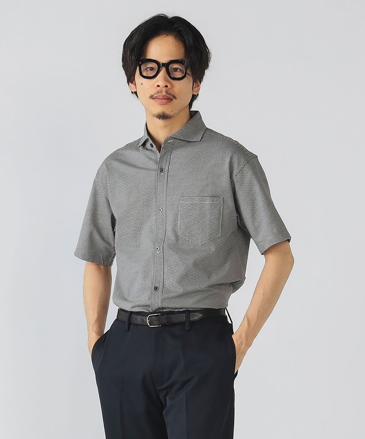 ハニカムプリント カッタウェイカラー フルオープン ポロシャツ(S XL) シャツ・ブラウス MEN グレー千鳥 S ハニカムプリント カッタウェイカラー フルオープン ポロシャツ(S XL) シャツ・ブラウス MEN グレー千鳥 S