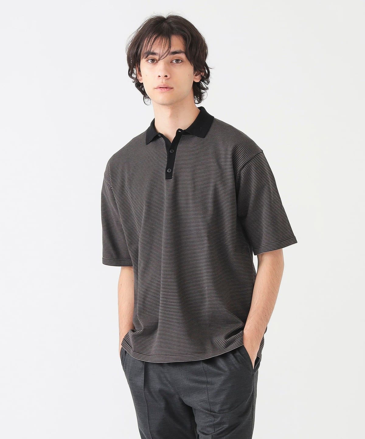 サマーニット ポロシャツ(S L・手洗い可能) シャツ・ブラウス MEN BLACK×GREYボーダー S サマーニット ポロシャツ(S L・手洗い可能) シャツ・ブラウス MEN BLACK×GREYボーダー S