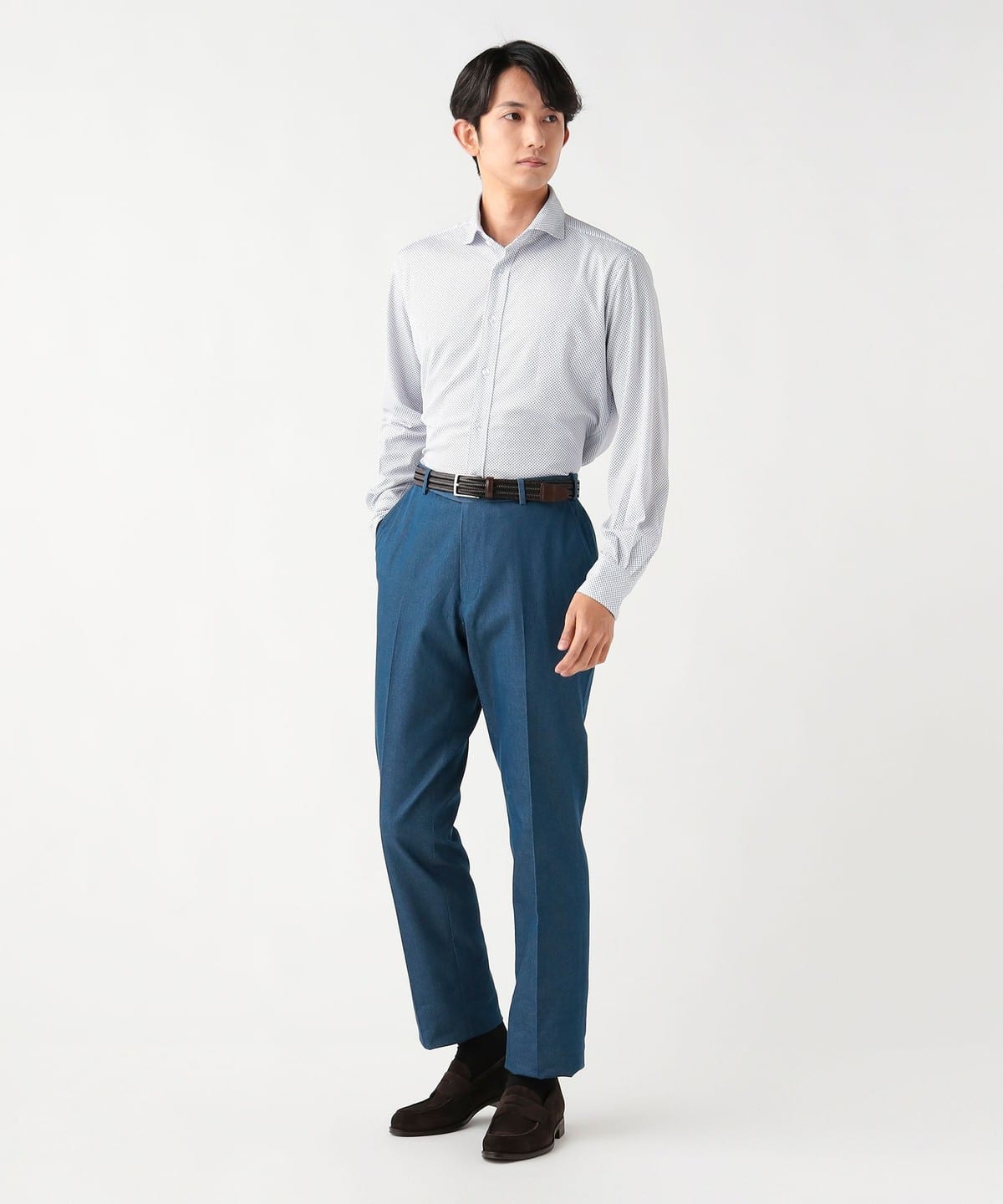BEAMS F インディゴデニム カッタウェイシャツ LEON 干場 BEAMS HEART（ビームス ハート）鹿の子 プリント カッタウェイカラー
