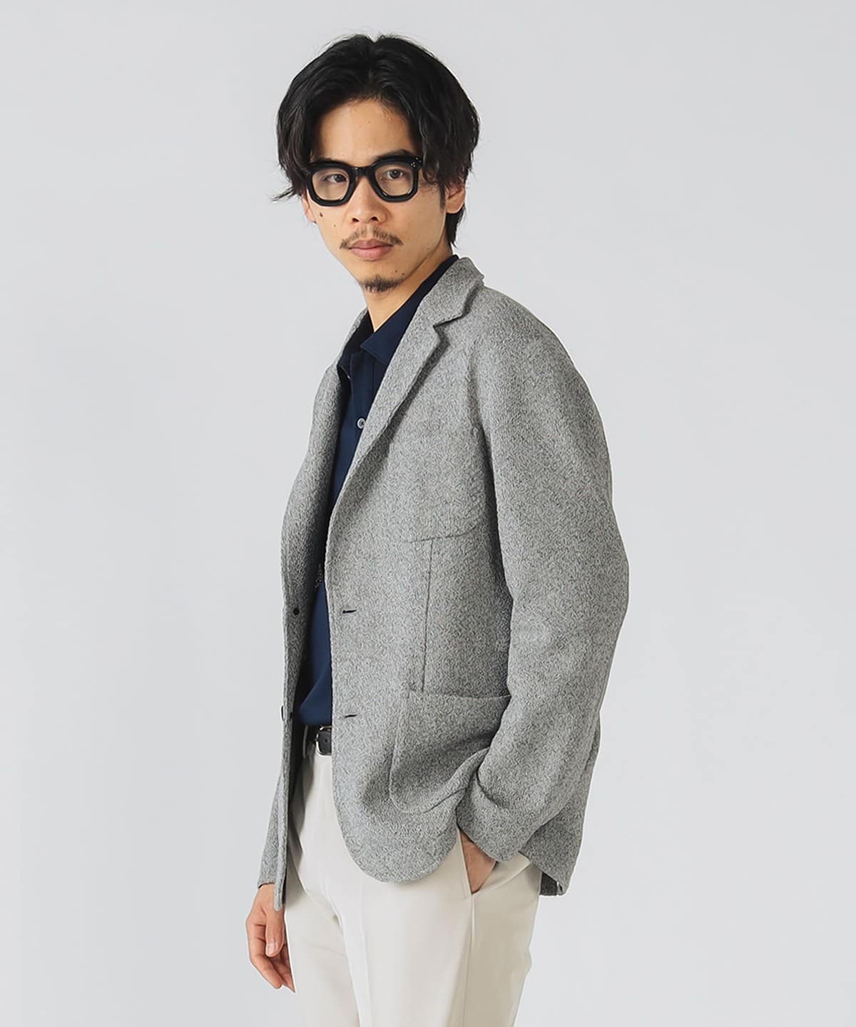 ◎BOB ヘリンボーン ニットテーラードジャケット L相当　グレー系 セール】 【セットアップ対応】ヘリンボーン ニット ジャケット