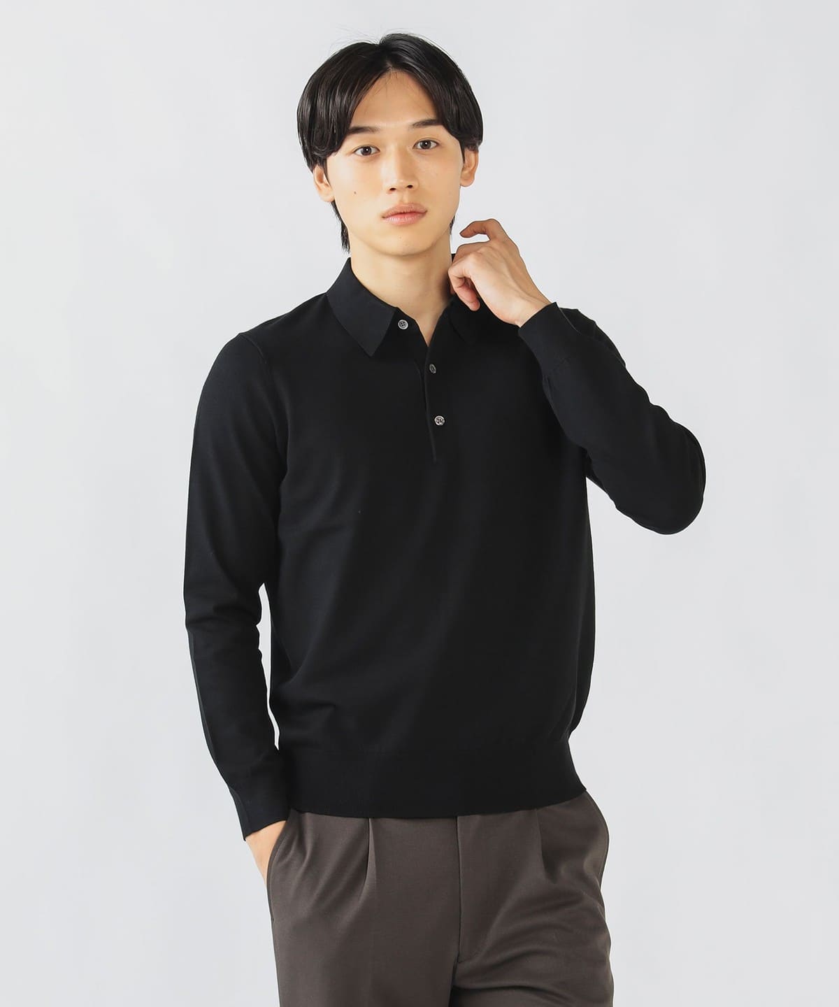 ロングスリーブ ニットポロ トップス MEN BLACK M ロングスリーブ ニットポロ トップス MEN BLACK M