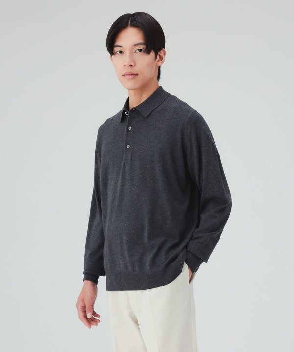 ロングスリーブ ニットポロ ボタンを開けても美しい、台襟付きの襟元デザイン [H：178cm Size：L]