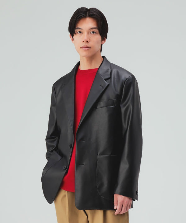 フェイクレザー ジャケット 気負わずに羽織れる洗練されたリラックスしたモデル[H:178cm Size:L]