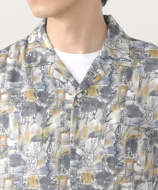 【BEIGE_1】BEAMS HEART / レトロプリント オープンカラー シャツ