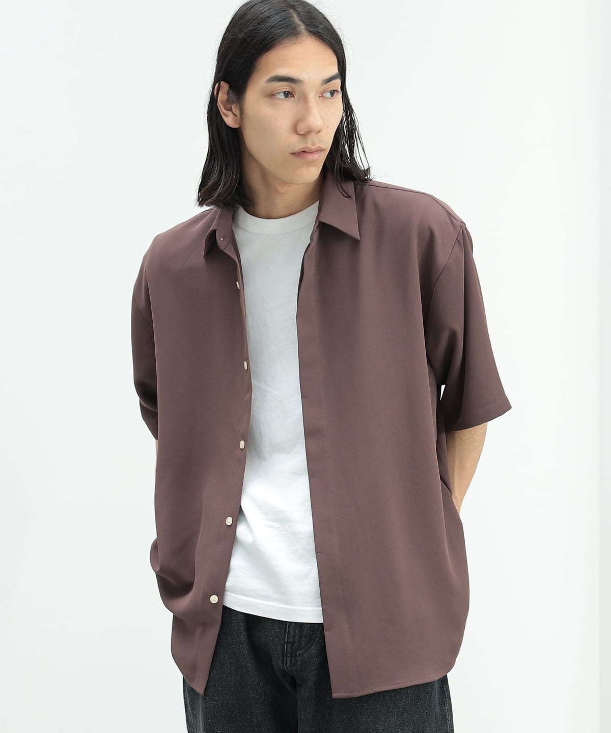 ポリエステル トロミ 比翼 シャツ シャツ・ブラウス MEN SMOKE BROWN M ポリエステル トロミ 比翼 シャツ シャツ・ブラウス MEN SMOKE BROWN M