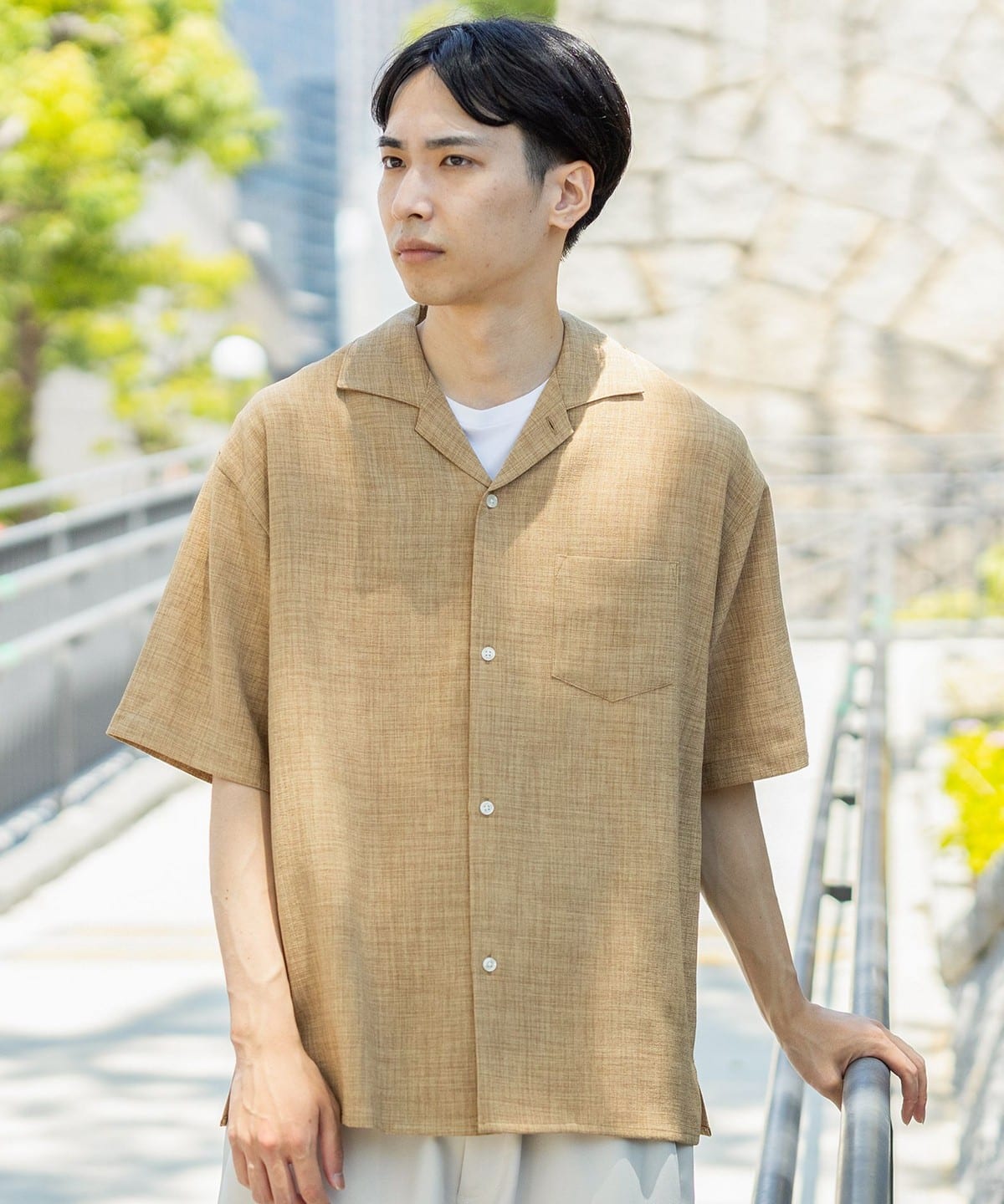 ポリエステル メランジ オープンカラー シャツ(吸水速乾) シャツ・ブラウス MEN BEIGE M ポリエステル メランジ オープンカラー シャツ(吸水速乾) シャツ・ブラウス MEN BEIGE M