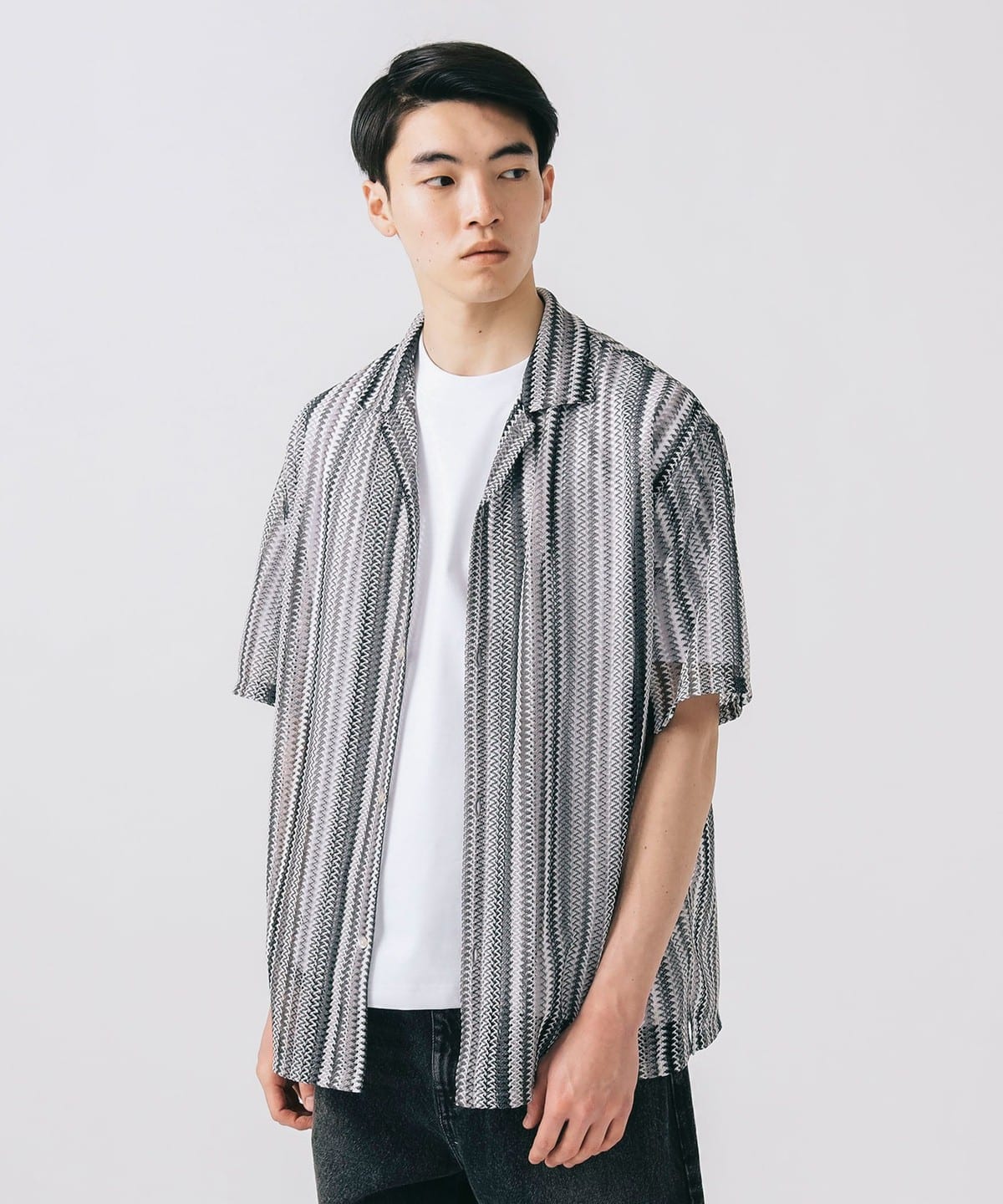 ストライプ レース ショートスリーブシャツ シャツ・ブラウス MEN GREY M ストライプ レース ショートスリーブシャツ シャツ・ブラウス MEN GREY M