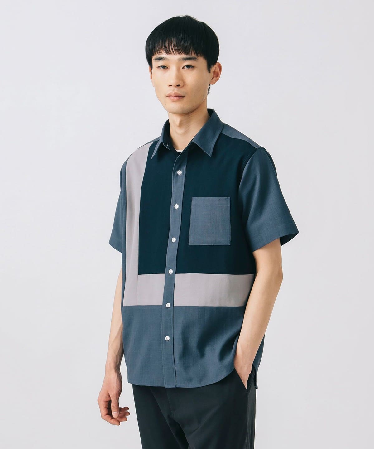 ポリエステル パッチ ショートスリーブシャツ シャツ・ブラウス MEN NAVY L ポリエステル パッチ ショートスリーブシャツ シャツ・ブラウス MEN NAVY L