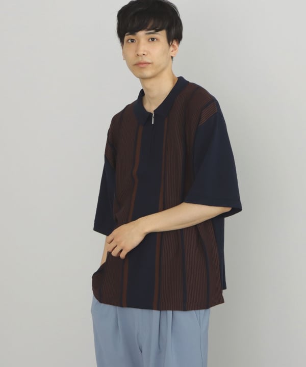 【BURGUNDY】BEAMS HEART / ジップ ストライプ ポロシャツ