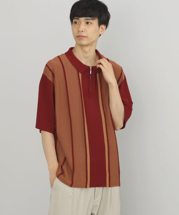 【BURGUNDY】BEAMS HEART / ジップ ストライプ ポロシャツ