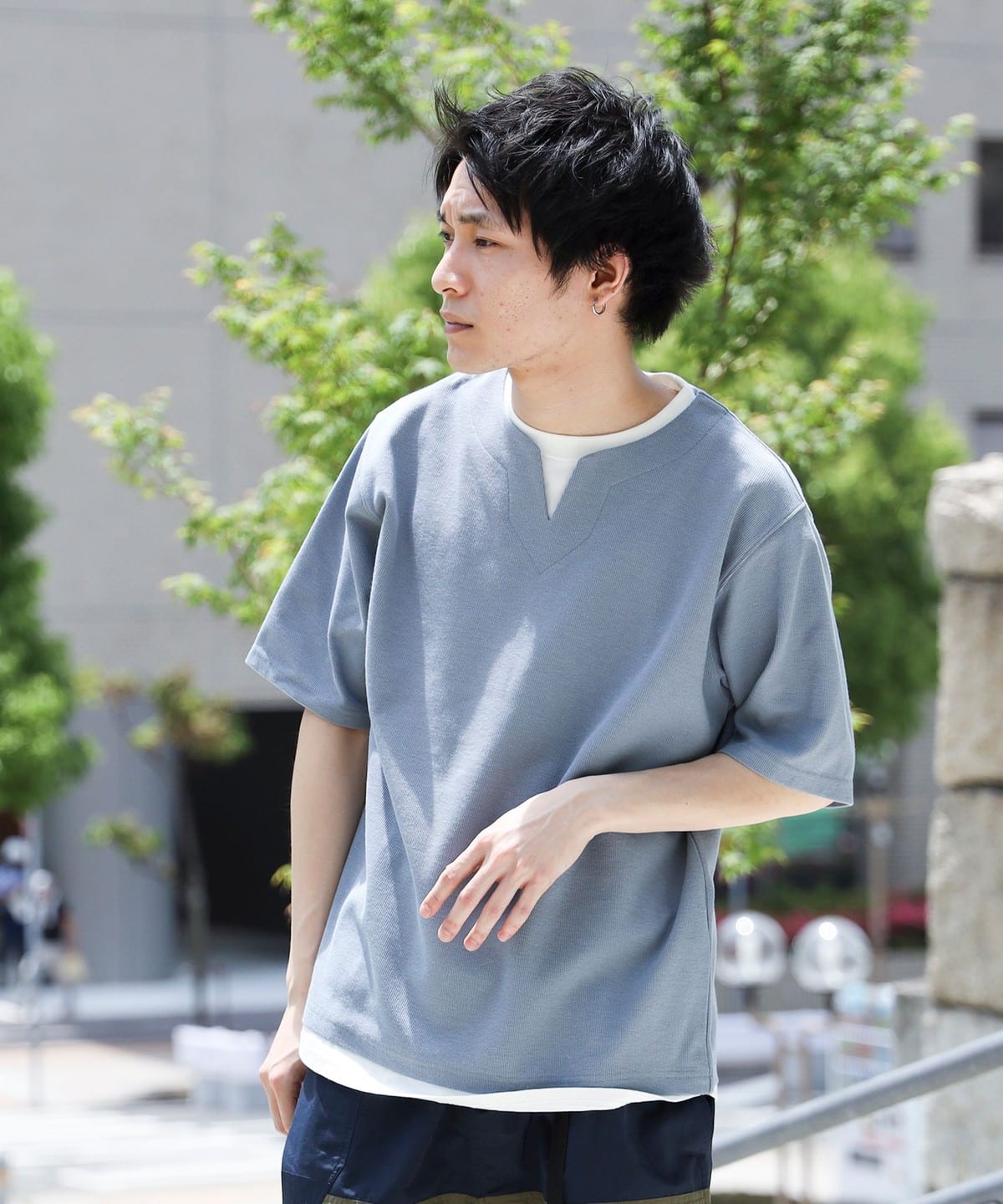 BEAMS HEART / スリットネック フェイクレイヤー ワッフル Tシャツ