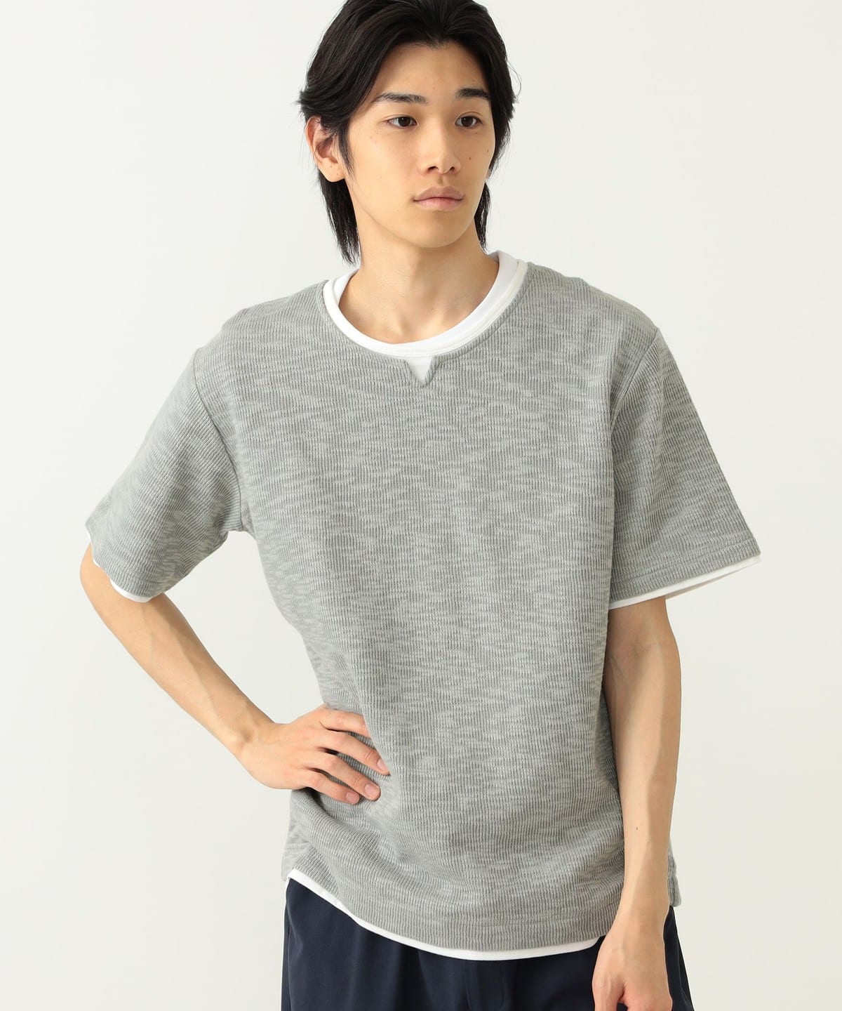フェイクレイヤー キーネック ショートスリーブ Tシャツ Tシャツ・カットソー MEN GREY S フェイクレイヤー キーネック ショートスリーブ Tシャツ Tシャツ・カットソー MEN GREY S