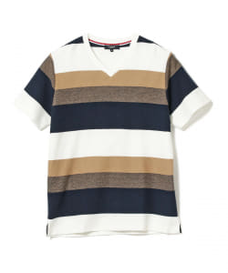 BEAMS HEART / クレープ ボーダー VネックTシャツ