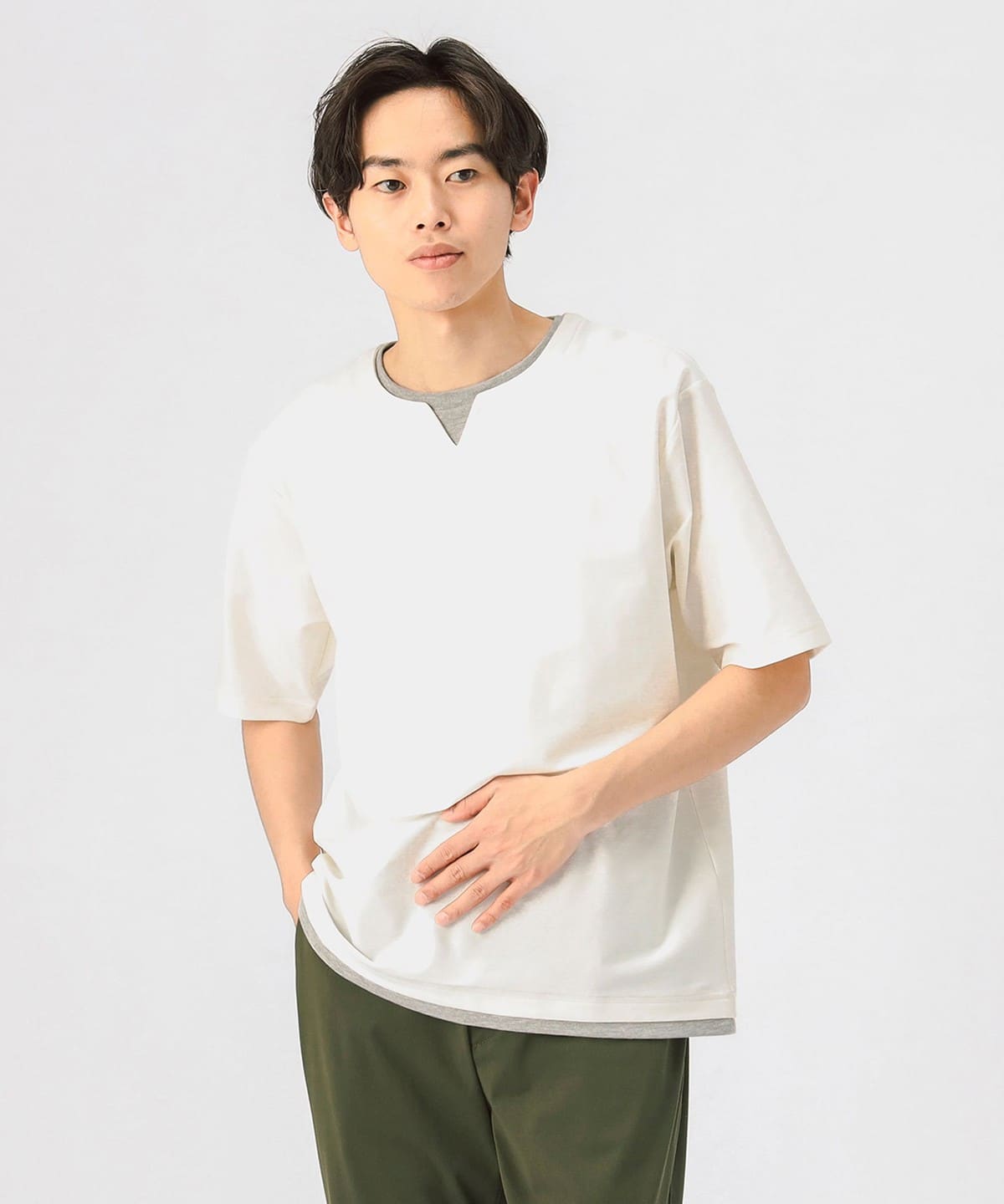 キーネック レイヤード Tシャツ(接触冷感) Tシャツ・カットソー MEN OFF WHITE S キーネック レイヤード Tシャツ(接触冷感) Tシャツ・カットソー MEN OFF WHITE S