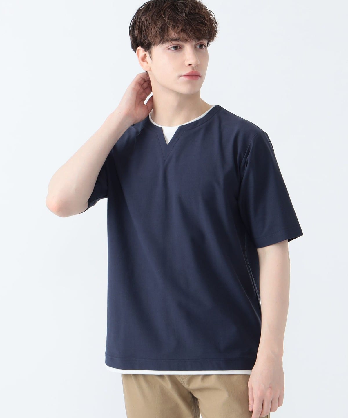 キーネック レイヤード Tシャツ(接触冷感) Tシャツ・カットソー MEN NAVY S キーネック レイヤード Tシャツ(接触冷感) Tシャツ・カットソー MEN NAVY S