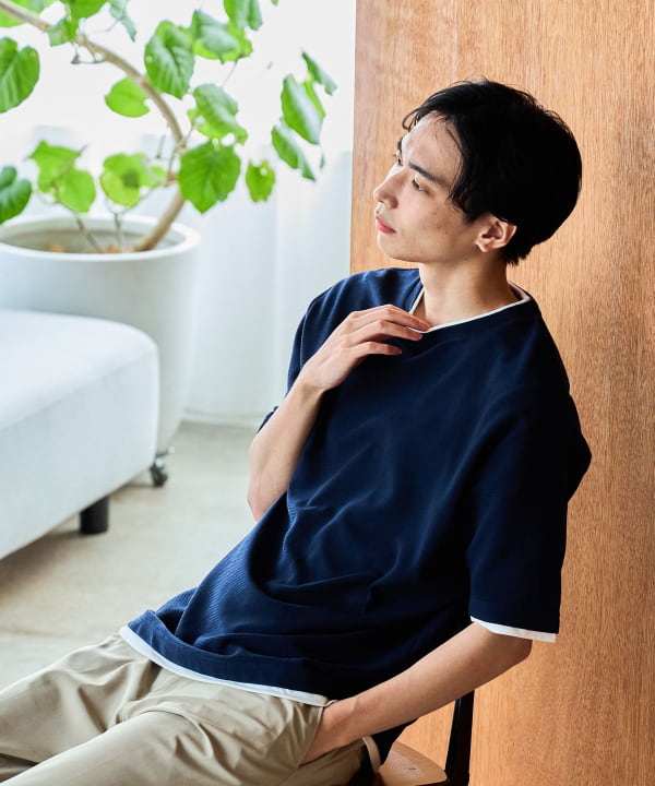 美品 DUAL VIEW デュアルビュー ベアモチーフTシャツ ネイビー 42 BEAMS HEART tシャツ クールタッチ リップル フェイクレイヤード