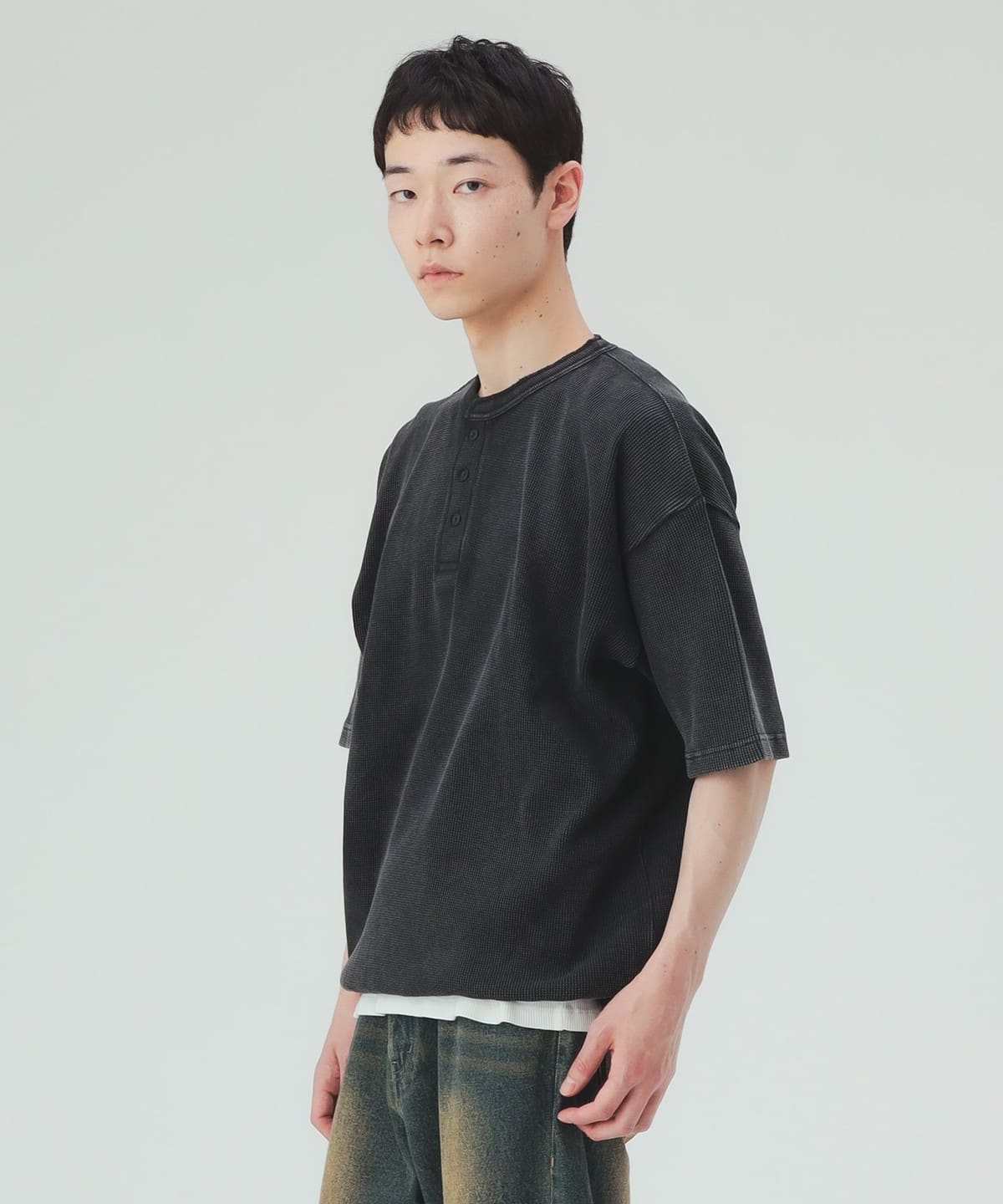BEAMS HEART（ビームス ハート）加工 ヘンリーネック ワッフル Tシャツ 