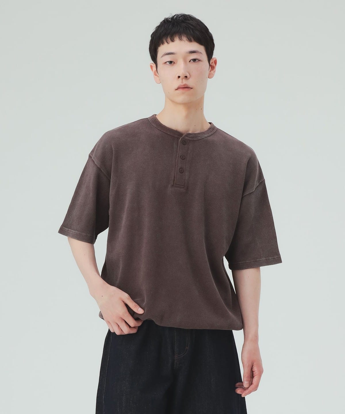 BEAMS HEART（ビームス ハート）加工 ヘンリーネック ワッフル Tシャツ