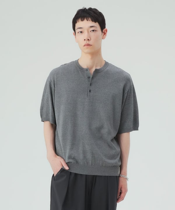 【10%OFFクーポン対象】ヘンリーネック ショートスリーブ ニット（接触冷感） オンオフ問わず大活躍。汎用性抜群の万能ニット [H:183cm Size:L]