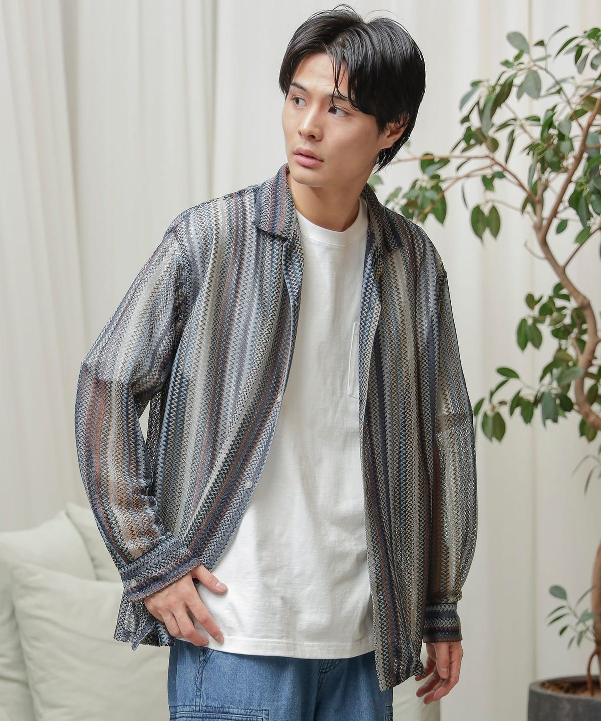 ストライプ レース オープンカラー シャツ シャツ・ブラウス MEN BLUE L ストライプ レース オープンカラー シャツ シャツ・ブラウス MEN BLUE L