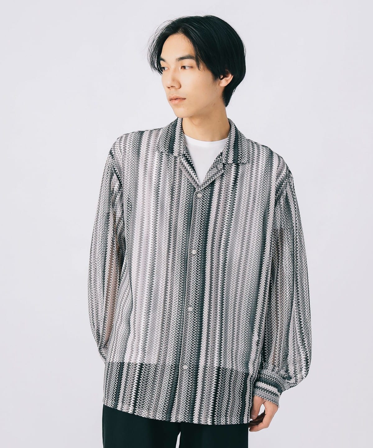 【4/24新規値下げ】マルチカラー ストライプ レース シャツ シャツ・ブラウス MEN GREY M 【4/24新規値下げ】マルチカラー ストライプ レース シャツ シャツ・ブラウス MEN GREY M
