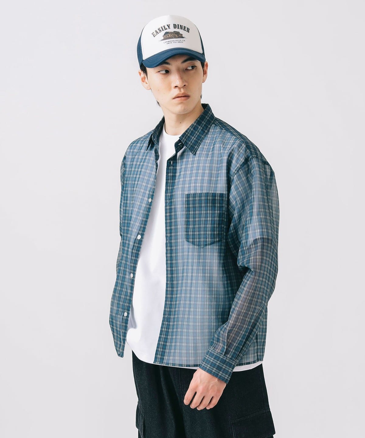 シアー チェック プリント シャツ シャツ・ブラウス MEN NAVY M シアー チェック プリント シャツ シャツ・ブラウス MEN NAVY M