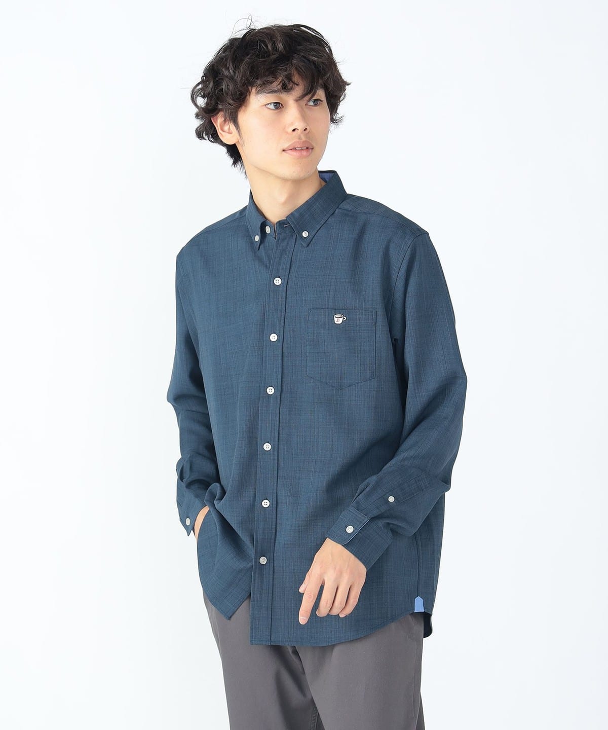 コーヒー刺繍 ポリメランジ ロングスリーブシャツ シャツ・ブラウス MEN BLUE M コーヒー刺繍 ポリメランジ ロングスリーブシャツ シャツ・ブラウス MEN BLUE M