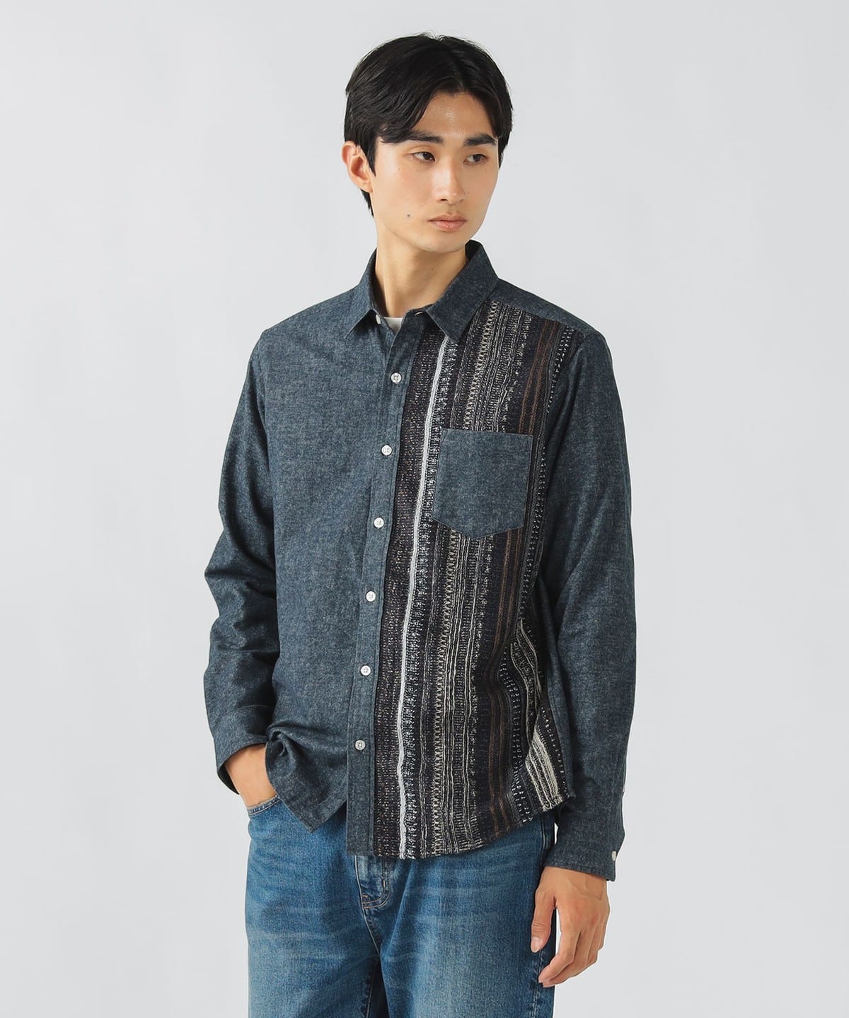ニット 切り替え ネルシャツ シャツ・ブラウス MEN NAVY XL ニット 切り替え ネルシャツ シャツ・ブラウス MEN NAVY XL