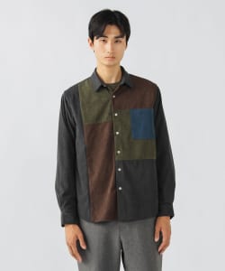 【+15%ポイントUP】ポリエステル コーデュロイ ブロッキング シャツ