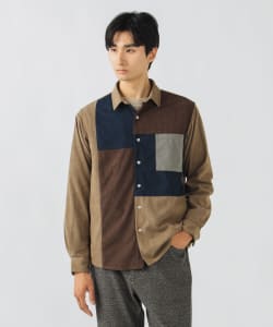 【+15%ポイントUP】ポリエステル コーデュロイ ブロッキング シャツ
