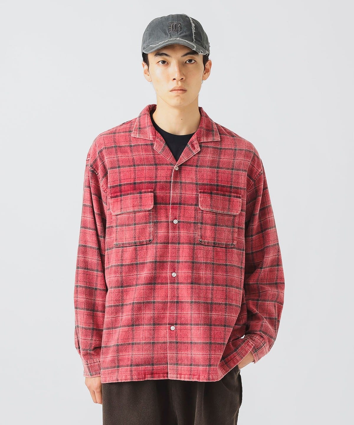 フェードチェック オープンカラー ネルシャツ シャツ・ブラウス MEN RED S フェードチェック オープンカラー ネルシャツ シャツ・ブラウス MEN RED S