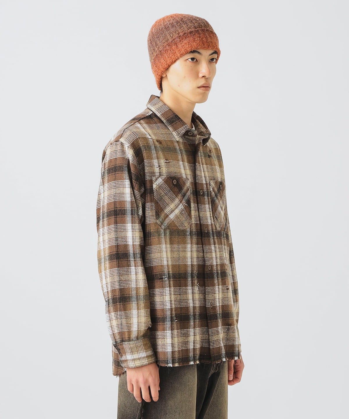 フェード ダメージ ネルシャツ シャツ・ブラウス MEN BROWN S フェード ダメージ ネルシャツ シャツ・ブラウス MEN BROWN S