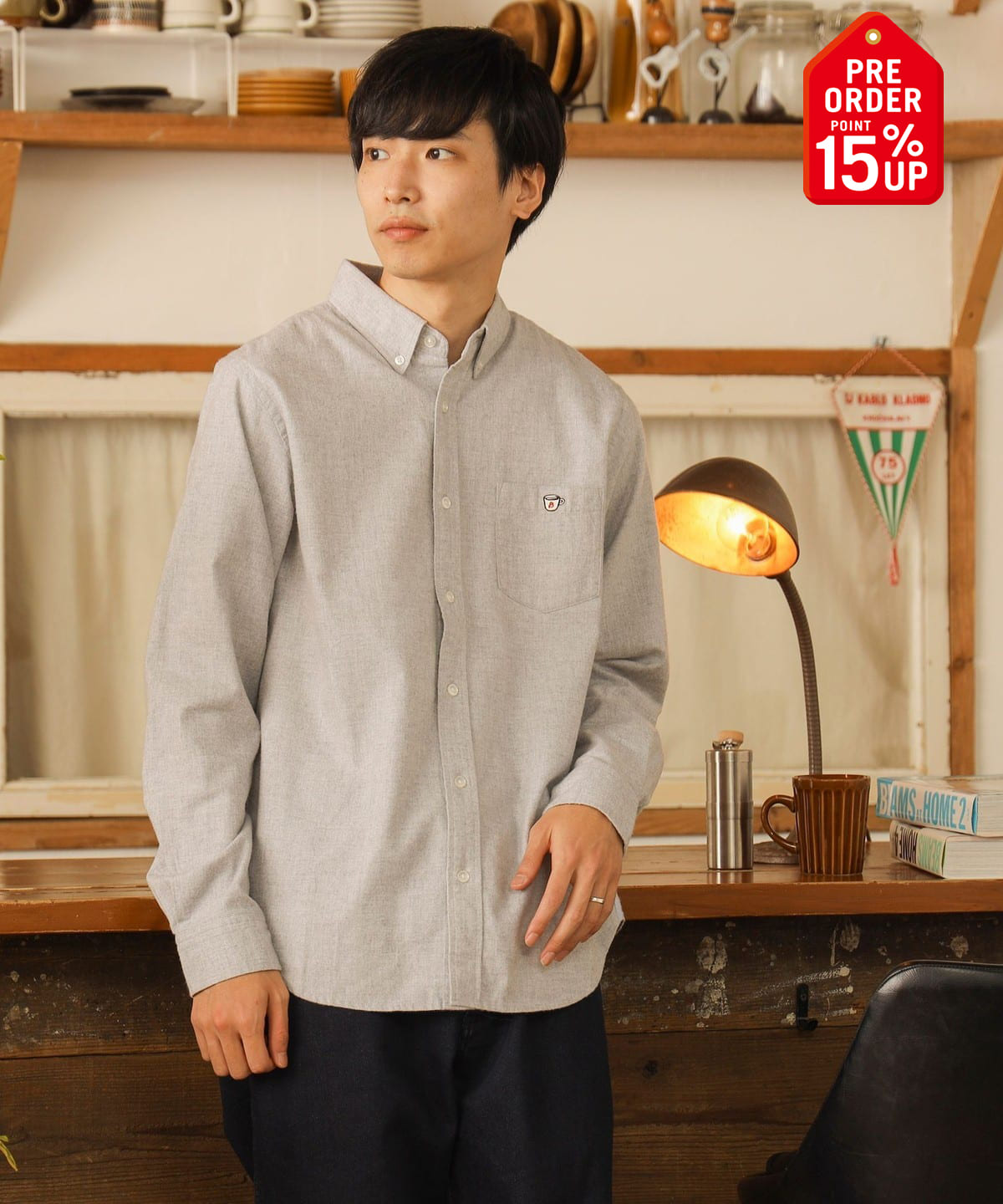 【+15%ポイントUP】コーヒー刺繍 ボタンダウン ネルシャツ シャツ・ブラウス MEN GREY M 【+15%ポイントUP】コーヒー刺繍 ボタンダウン ネルシャツ シャツ・ブラウス MEN GREY M