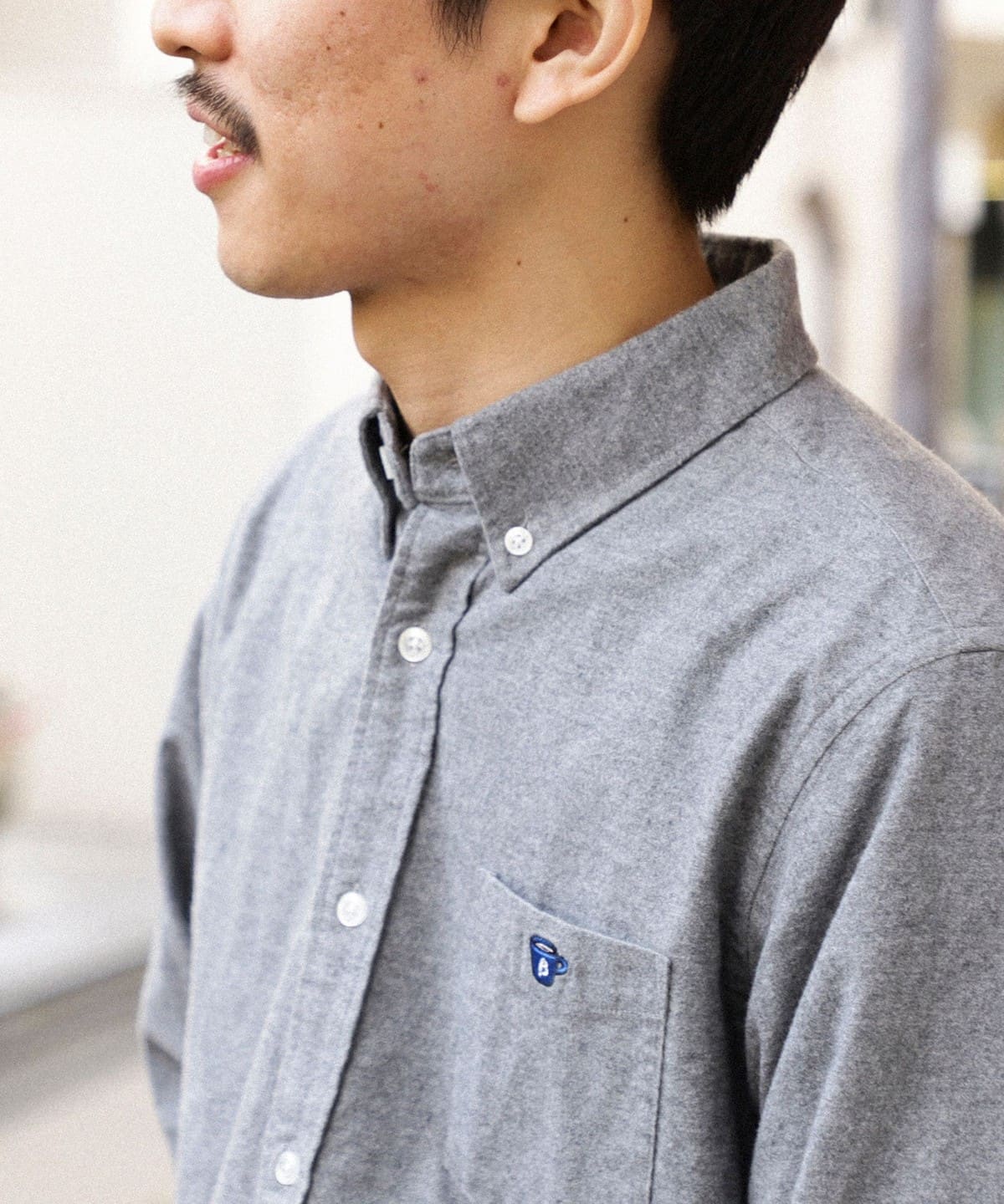 コーヒー刺繍 ボタンダウン ネルシャツ シャツ・ブラウス MEN GREY S コーヒー刺繍 ボタンダウン ネルシャツ シャツ・ブラウス MEN GREY S