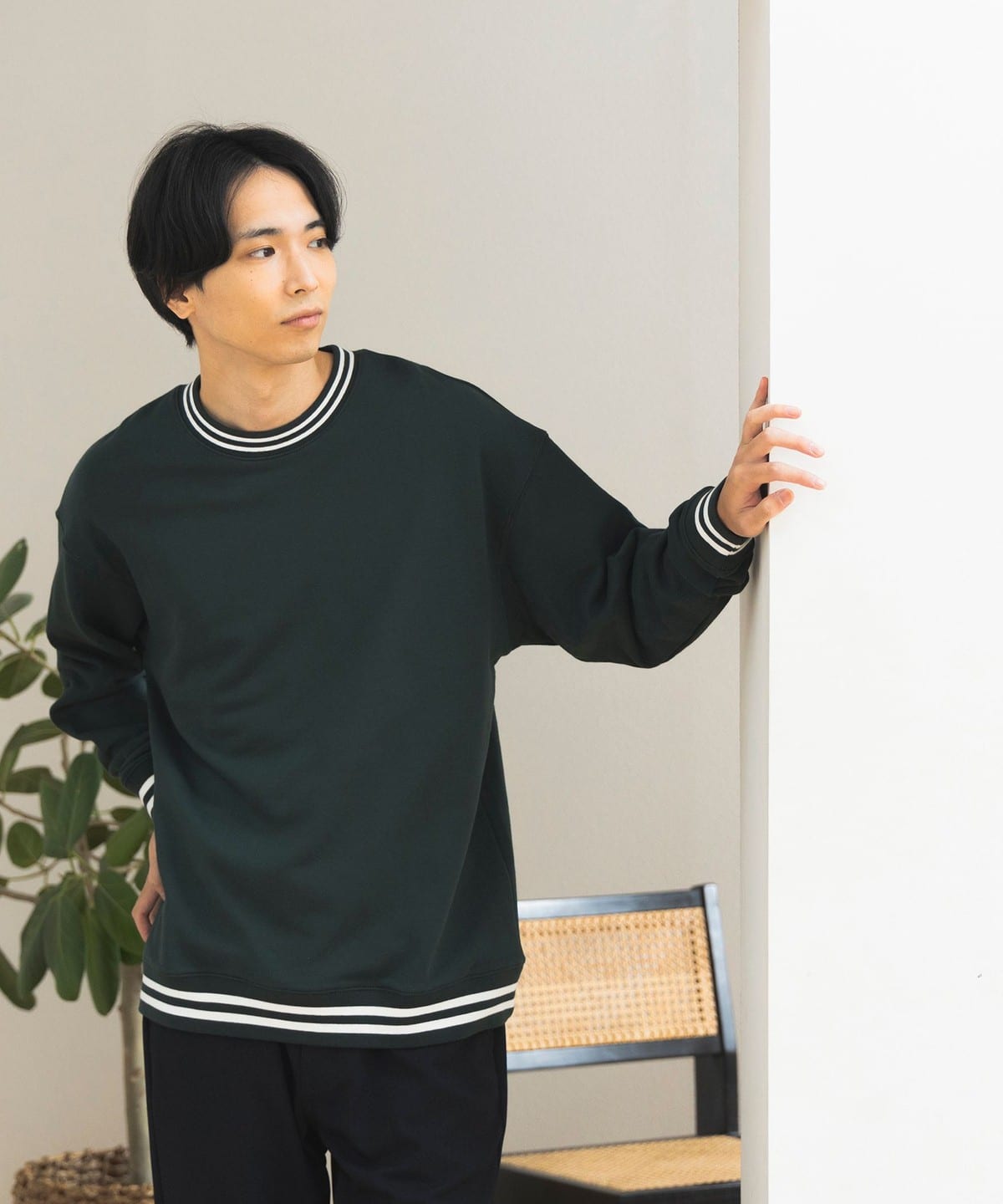リブ ボーダー スウェット トップス MEN DARK GREEN S リブ ボーダー スウェット トップス MEN DARK GREEN S