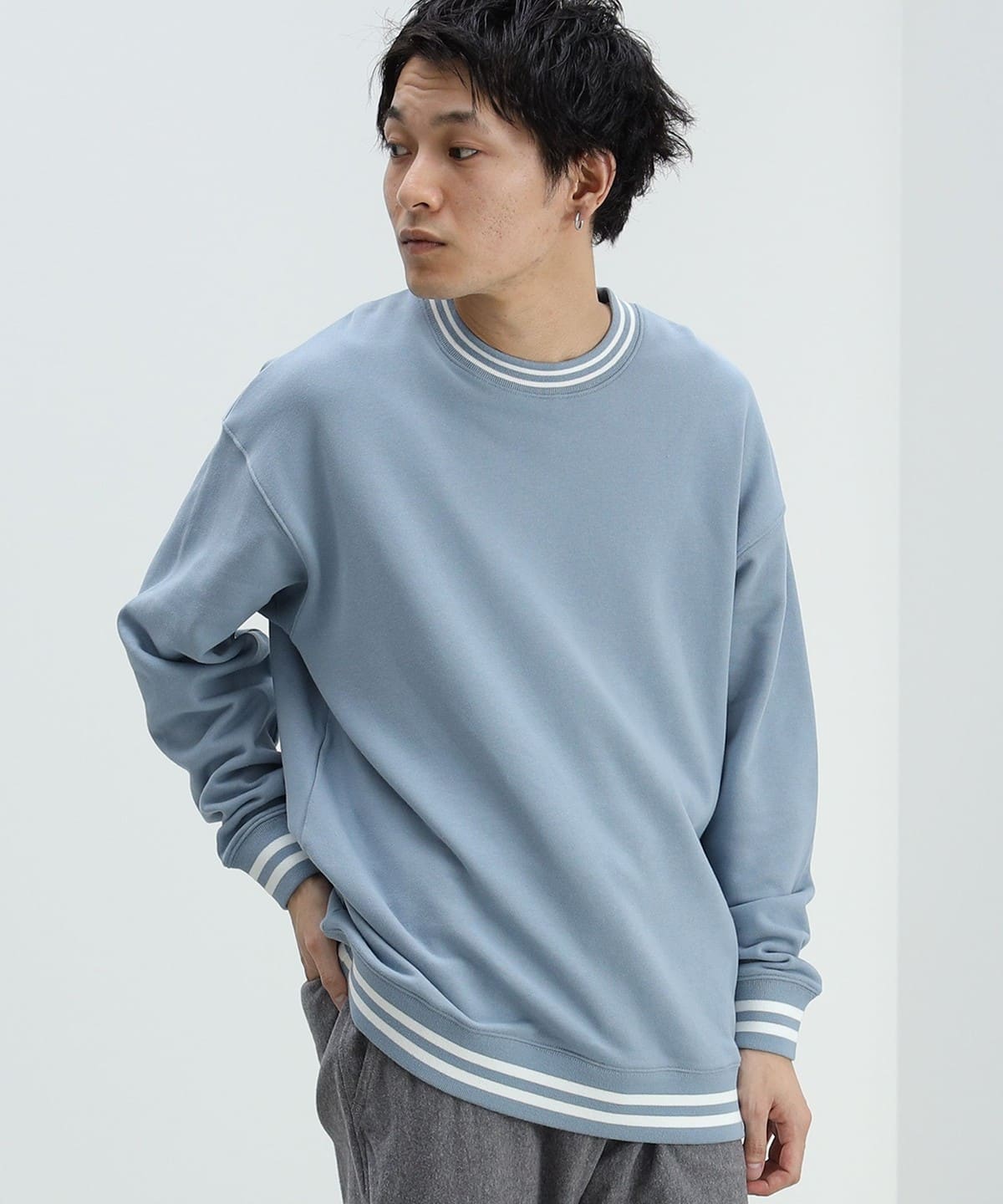 リブ ボーダー スウェット トップス MEN SMOKE BLUE S リブ ボーダー スウェット トップス MEN SMOKE BLUE S